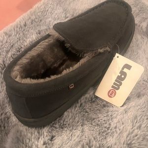 Men’s LAMO slippers. Never worn. In box. Size 11. Charcoal color/rubber soles.